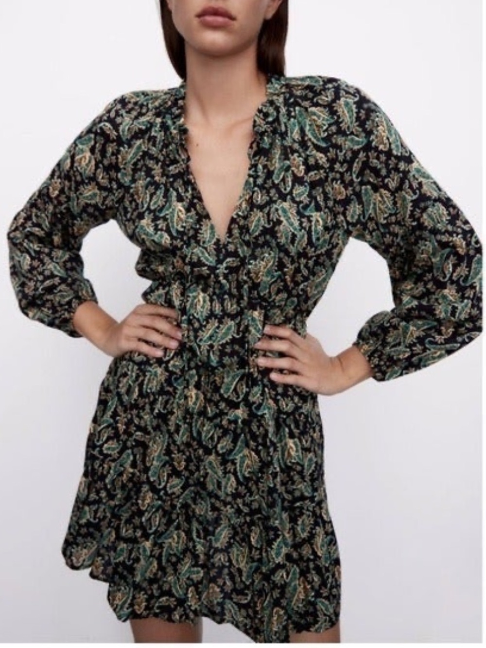 Zara XS Black Green Paisley V Neck Long Sleeve Dress Boho